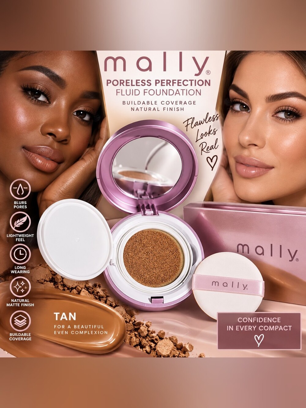 Mally Poreless Perfection Fluid Foundation Cushion - Tan (Pink Compact)
